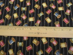 Cotton Fabric Vintage Colorful Wooden Spools on Black Concord Kesslers 1yd x 44