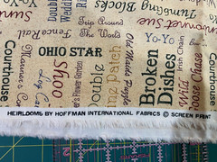 Sewing theme Quilt Pattern Names on Cream Quilt Cotton fabric, Hoffman 1/2 yd
