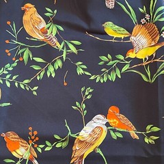 1+ Yard Black Fabric With Tropical Birds Leaves Satin Silky Gold Yellows Reds