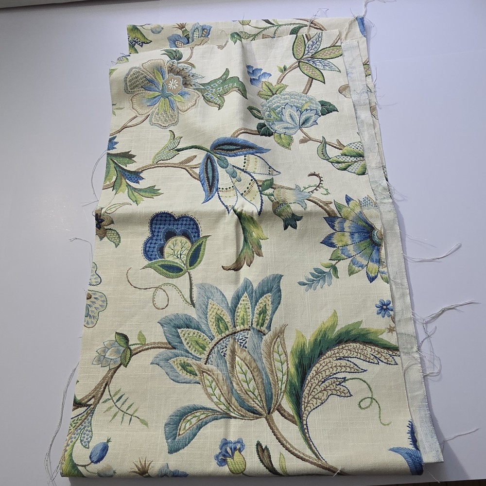​P Kaufmann Brissac Sapphire Linen Blend Fabric Floral Jacobean Fleur De Leaf…