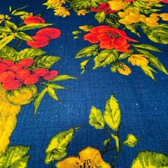 1+ Yard Vintage House N Home Fabrics Fruit Baskets Blue Red Bark Cloth Cotton
