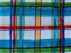 TANDLER TEXTILE FABRIC 1996~Modern Plaid~VIVID YELLOW RED BLUE~Brush Strokes~