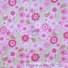 BonEful Fabric FQ Cotton Quilt Flannel White Pink Purple Bird Flower Rose Heart