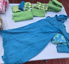 Vintage Fabric Scrap LOT Lime Green Wool Blue Mid Century Mod Aunt Leo D5