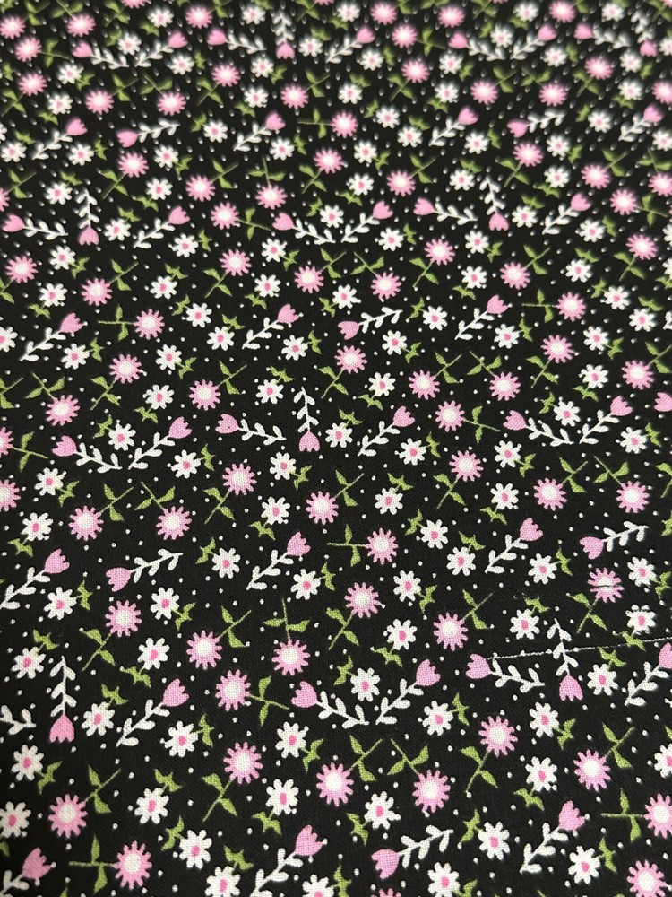 Cute Calico Pink and White Flowers on Black cotton Fabric per yd.