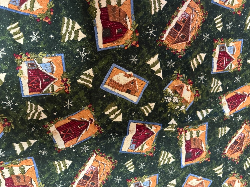 Wintery Days – Barns & Trees on Dark Green cotton Fabric per yd quilt / sew 44″