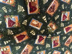 Wintery Days – Barns & Trees on Dark Green cotton Fabric per yd quilt / sew 44″