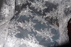 SILVER BEADED EMBROIDERED NET LACE FABRIC, BRIDAL LACE, SEQUINS, 137 CM width
