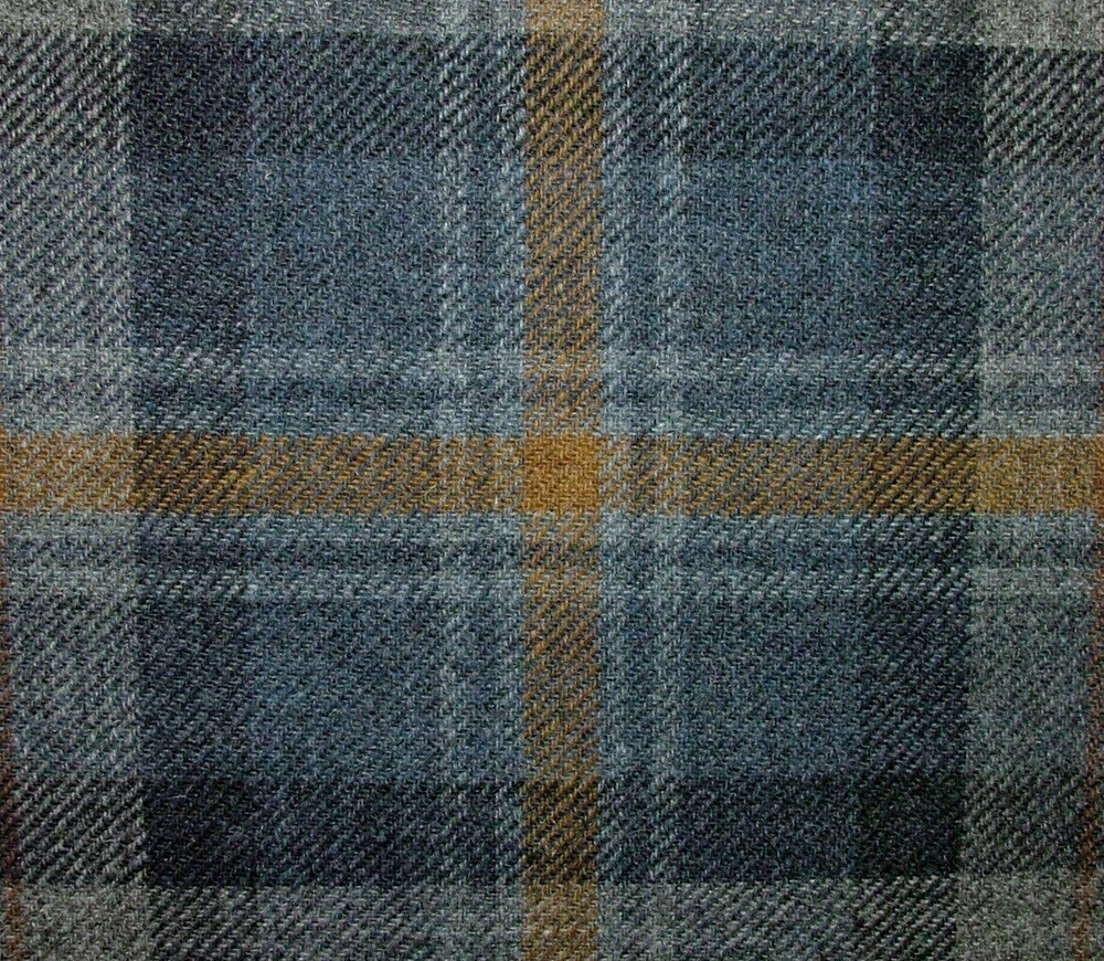 100% Shetland Wool Blue Grey Gold Tartan Check Upholstery Curtain Cushion Fabric