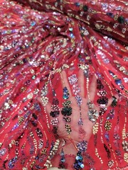 Fabric Sold By The Yard Red Beaded Lace Sequin Floral Embroidery Mesh For Dress