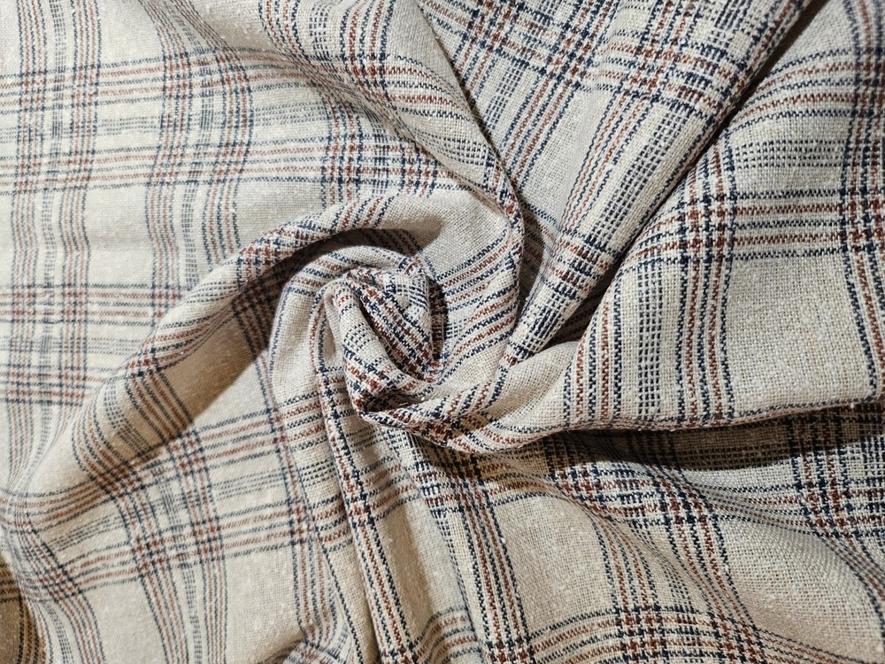 2 Yards Linen Like Synthetic Fabric Blue Rust and Taupe Plaid for Sewing DIY