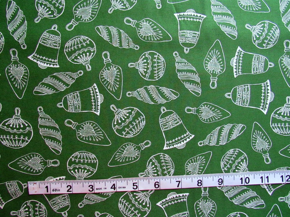 1 yd of 100% Cotton Fabric “Santa’s Stash Simple Ornaments” Green w/Ornaments