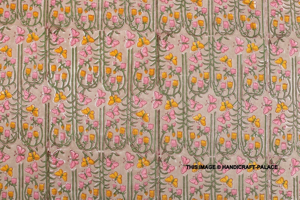 Cotton Fabric Hand Block Butterfly Print Pure Running Indian New Vintage 3 Yard