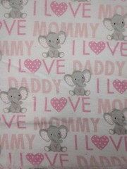 Nursery theme Fabric 20″ Flannel white with pink words and gray elephants