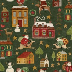 Up on the Housetop Main Green Rustic Christmas C14730 Fabric by the half yd