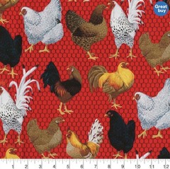 Red Chickens – Roosters Novelty Fabric by Fabric Traditions, Half Yard