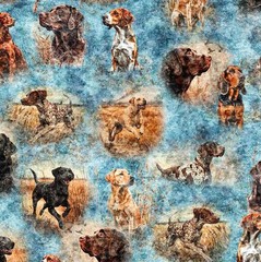 Quilting Treasures – Forest Field And Stream – Hunting Dogs – Blue, BTY