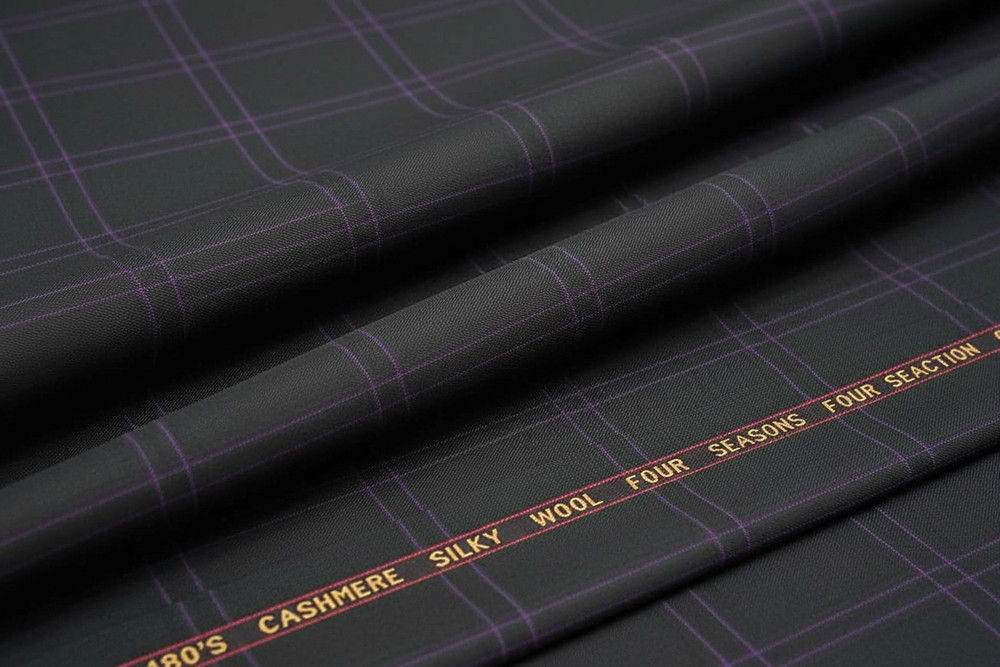 Green in Purple Windowpane Checked Suiting Fabric Cashmere Wool