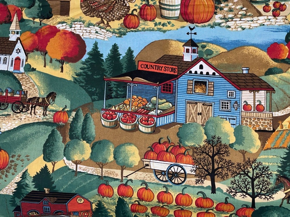 By 1/2 Yd VTG Harvest Village Farm Fall Scene Fabric by Joan Kessler ~ Concord