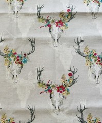 Hobby Lobby Fabric Floral Deer Antlers Skulls on White 1 Yard plus 22” x 44”