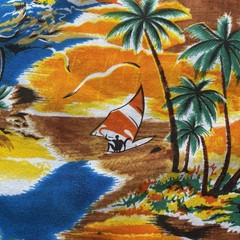 Vtg Hawaiian Tropical Novelty Fabric Palm Boats Island Tiki Cotton Vibrant 4+ YD