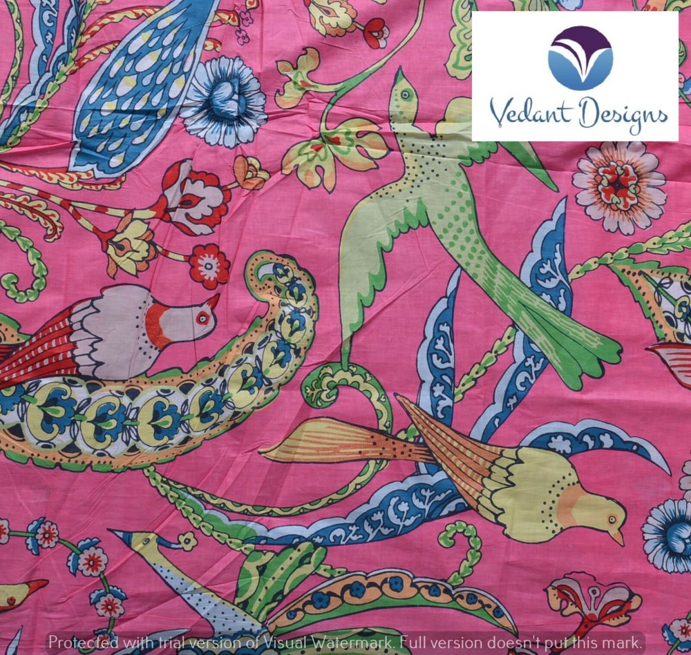 10 Yard Indian Hand Block Floral Print Pure Cotton Running Fabric Pink