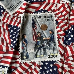 1/2 yard 2001 HEROES Fabric THE RECORD American Flags Sept 11 USA Stamp Firemen