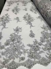 Silver Beaded Lace Fabric By The Yard 3d Floral Flowers Embroidery Sequins Prom