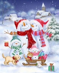 36x44in Fabric Panel | David Textiles | Snowman Family, Dog, Sled, and Snow