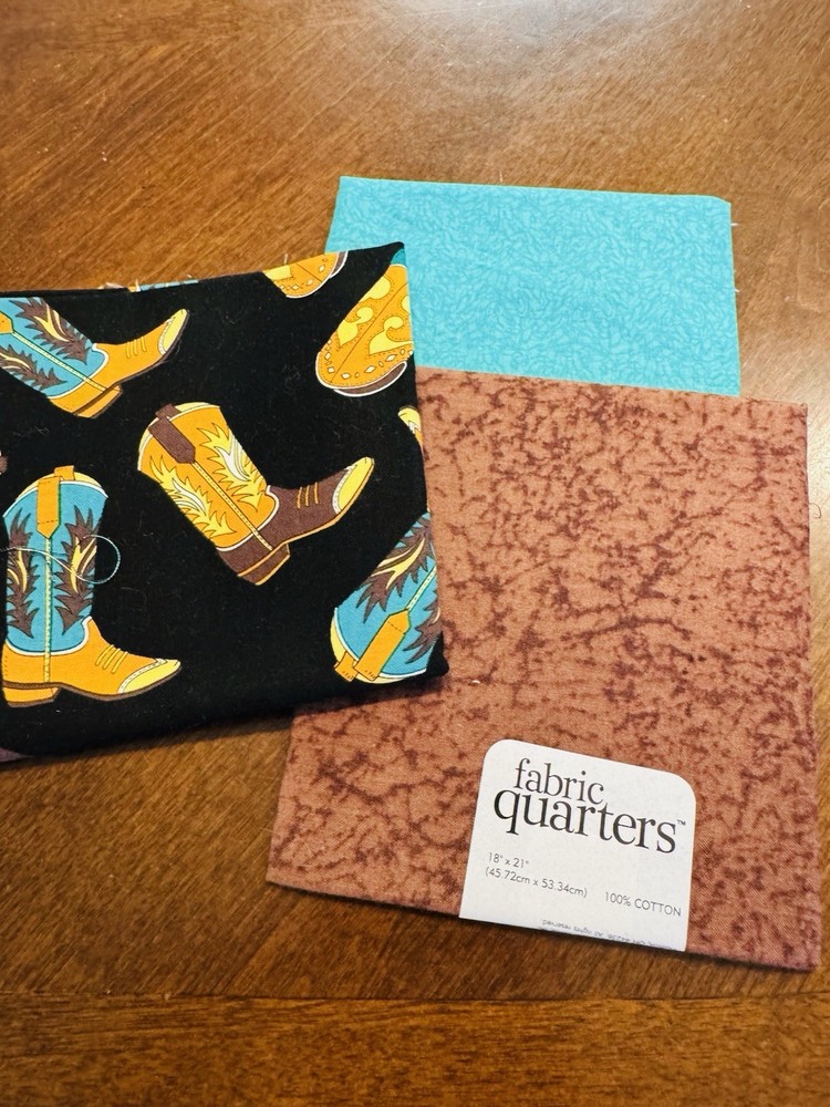 FQs cotton quilt Fabric X 3 Turquoise Blue Beige Brown Western Cowboy Boots SW