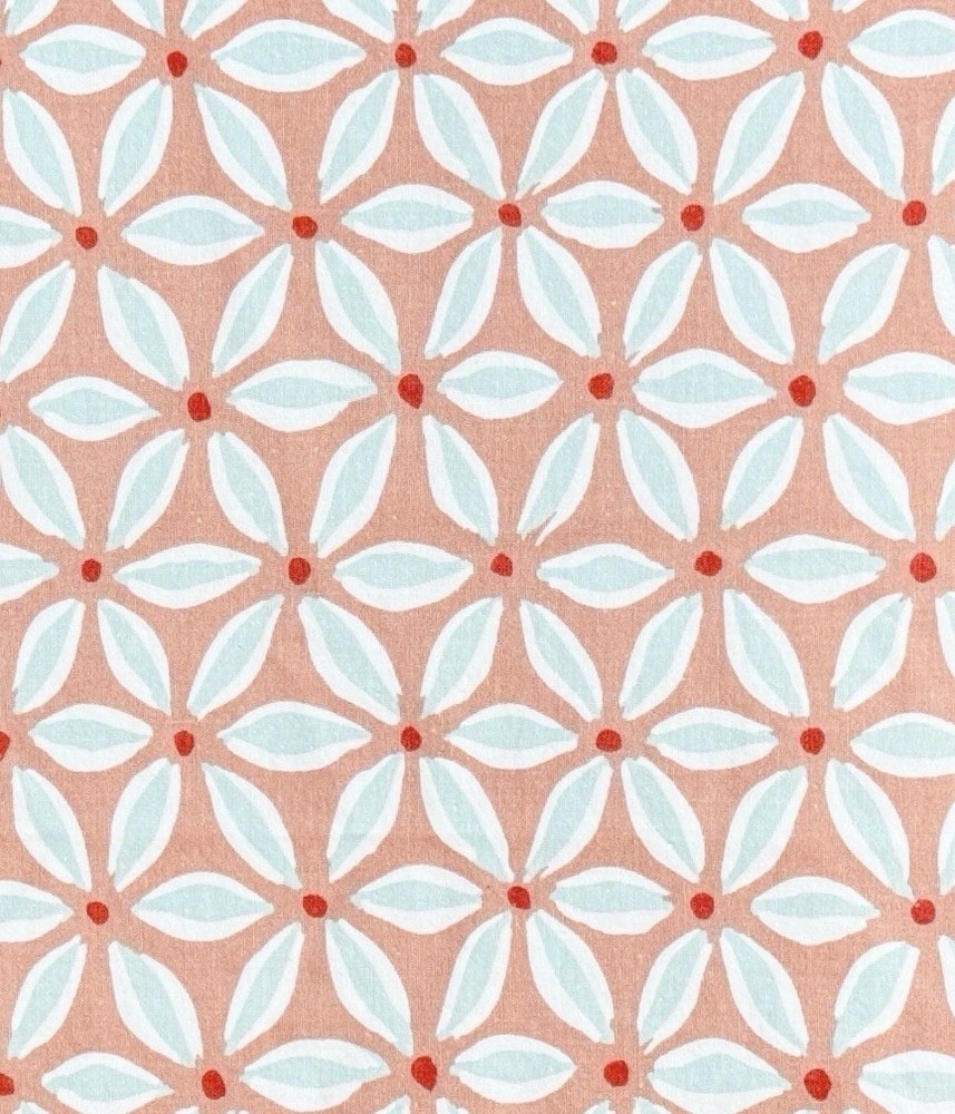 Light Terracotta & Coastal Blue Cotton Floral Fabric | 66 x 77 Inches