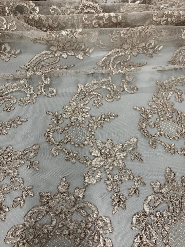 Elise TAUPE Polyester Corded Floral Embroidery on Mesh Lace Fabric by the Yard