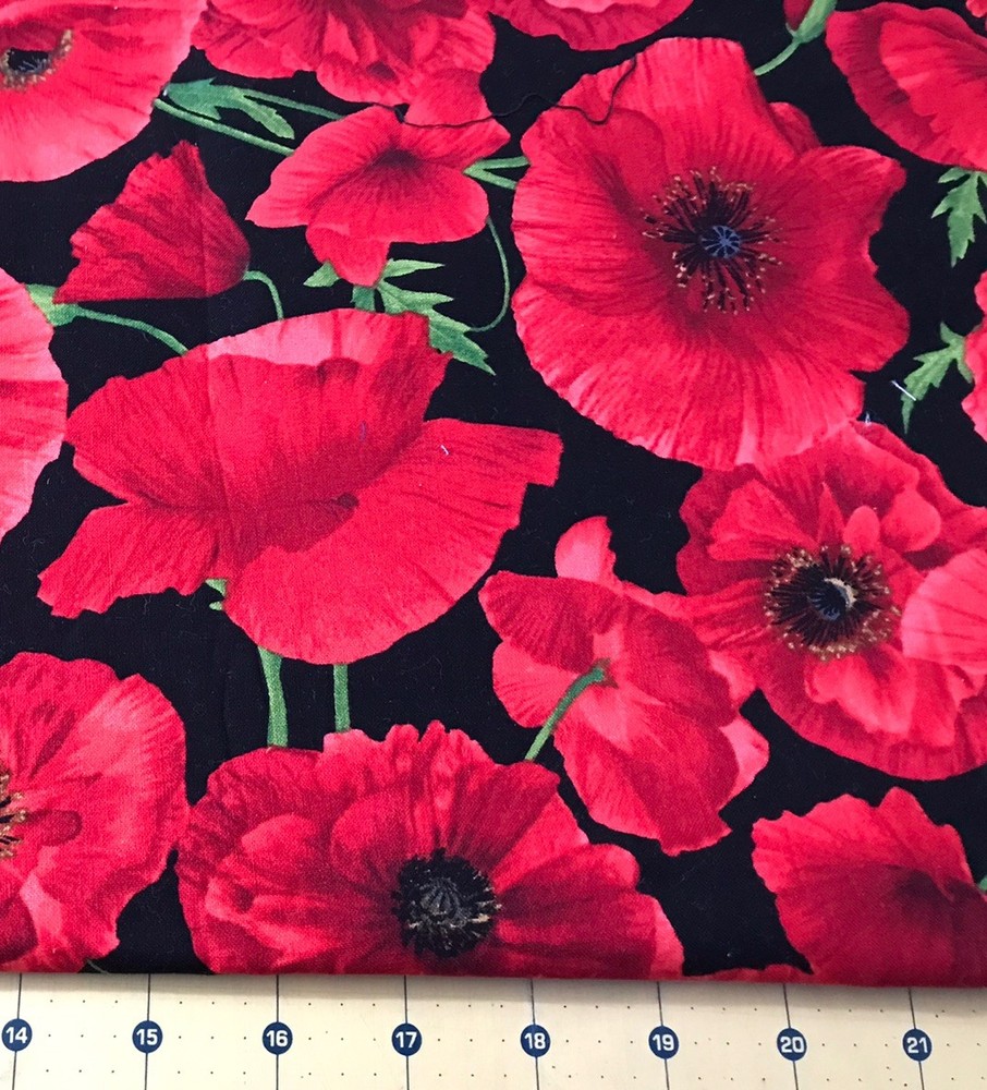 Red Poppy Flowers on Black 25” X 45” 100% cotton fabric #2592a