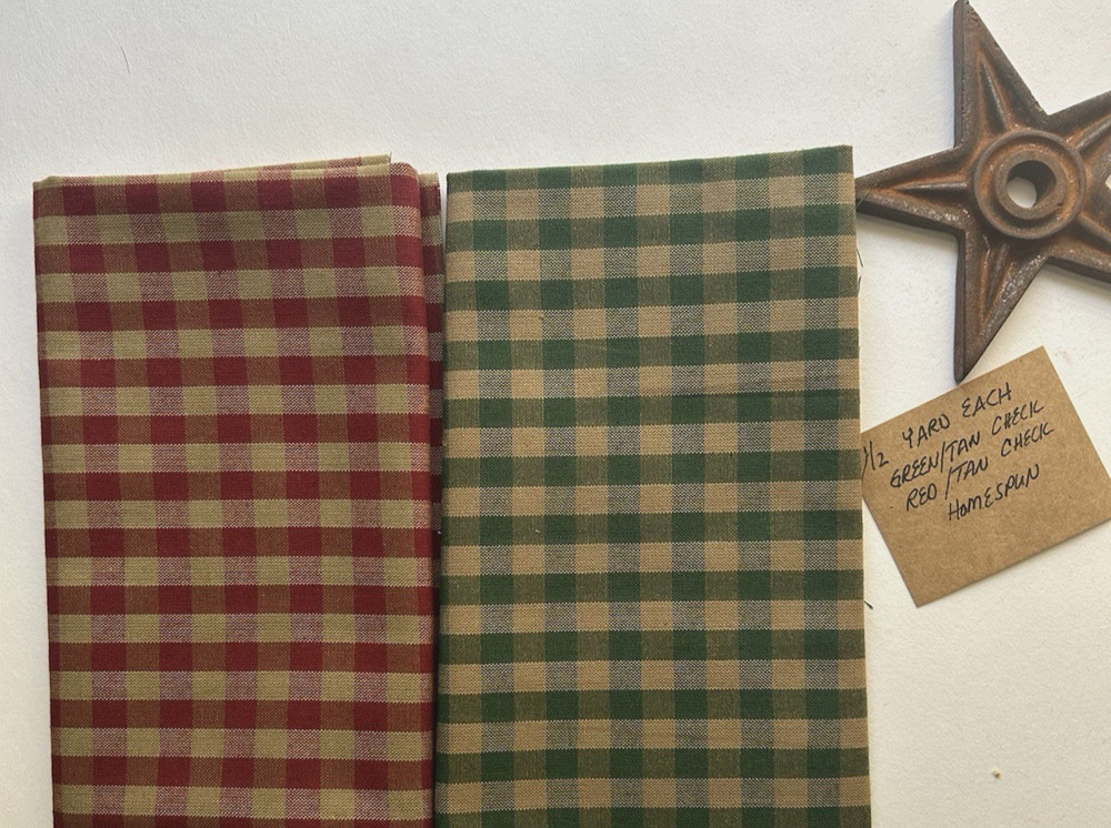 1/2 YARD EACH Red/Tan Check and Green/Tan Check Homespun Fabric 100% Cotton