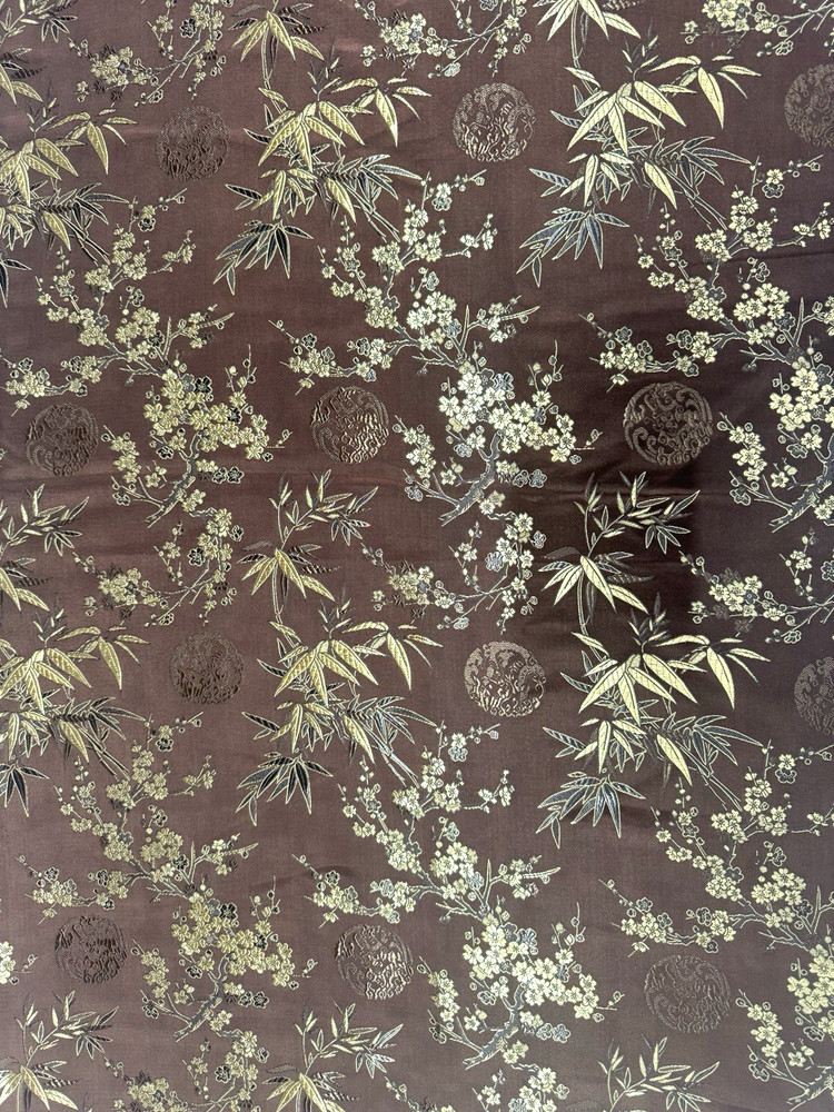 Asian Satin Brocade Floral Bamboo Pattern Gold on Brown 1Y #23
