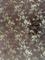 Asian Satin Brocade Floral Bamboo Pattern Gold on Brown 1Y #23