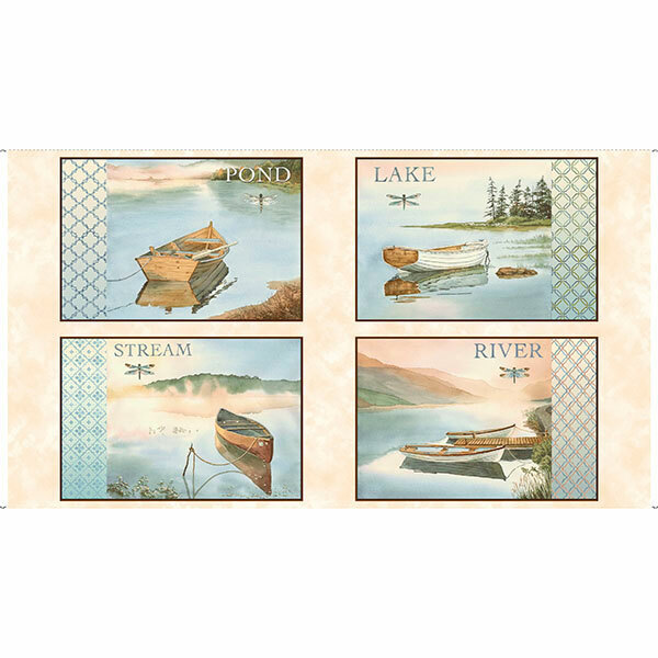 Row Boat Dock River Stream Nautical Cotton Fabric QT Tranquility 24″X44″ Panel