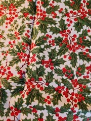 Nature’s Holiday Poinsettia Holly Metallic Packed Ivory Cotton Fabric .58 Yard