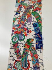 Vintage Japanese kimono silk fabric / white base, floral Tanzaku AB30
