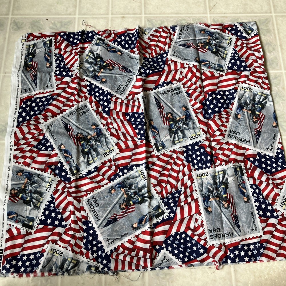 1/2 yard 2001 HEROES Fabric THE RECORD American Flags Sept 11 USA Stamp Firemen