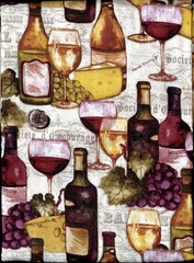 David Textiles 1 YD Quilting Fabric WINE BOTTLES CHEESE GRAPES 100% Cotton NEW