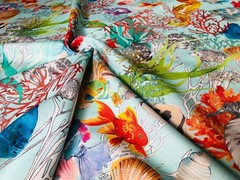 Aqua Sea World Coral Fabric Curtain Cotton Material Marine Seahorse Shell -140cm