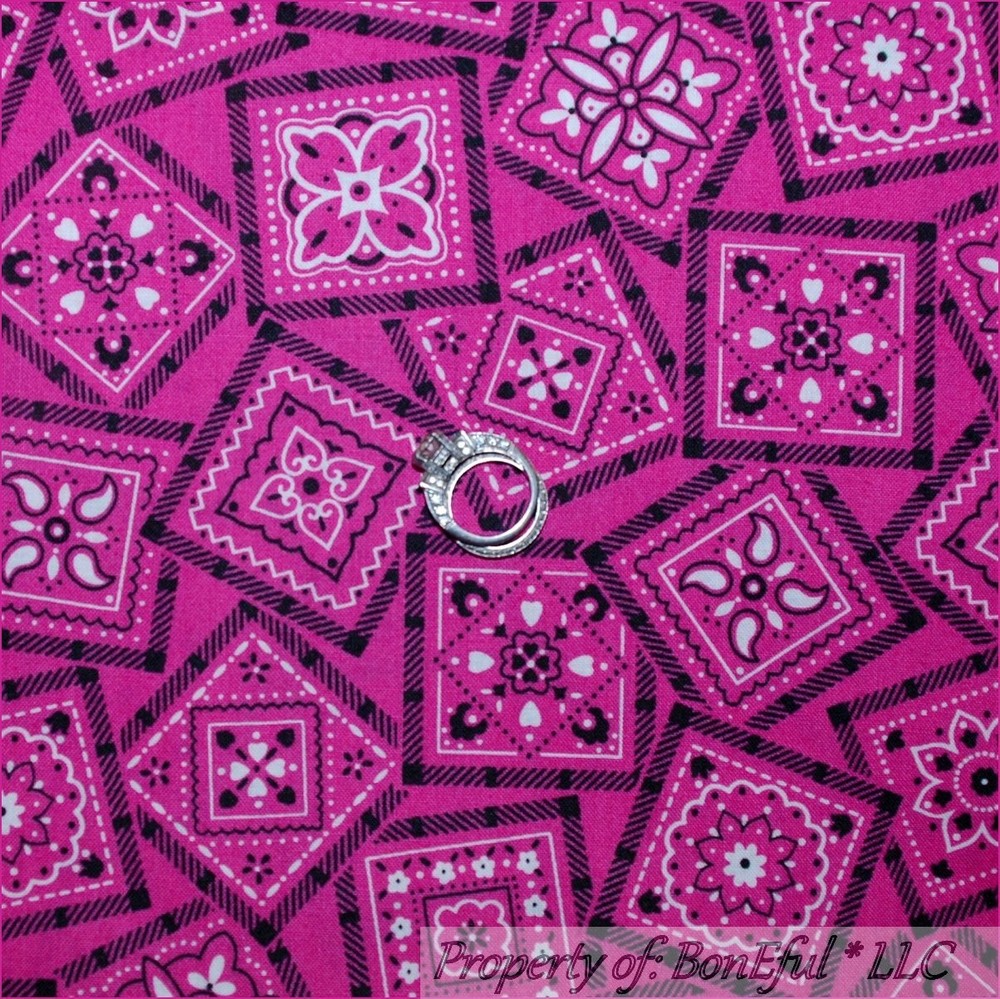 BonEful Fabric FQ Cotton Quilt Pink White Black Cowgirl Flower Heart Bandana USA