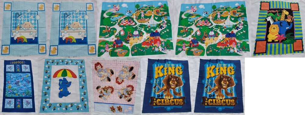 Lot of 10 Fabric Panels pcs Lion King,Safari Animals, Mother Goose, Raggedy Ann