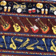 Vtg Musical Fabric Rock On for Avlyn Fabrics 2yds Guitar Drums Cotton