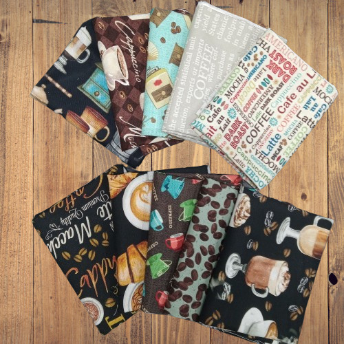 Assorted Coffee Theme Cotton – 1/2 Yard Cuts – 10 Prints- Fabric Bundle