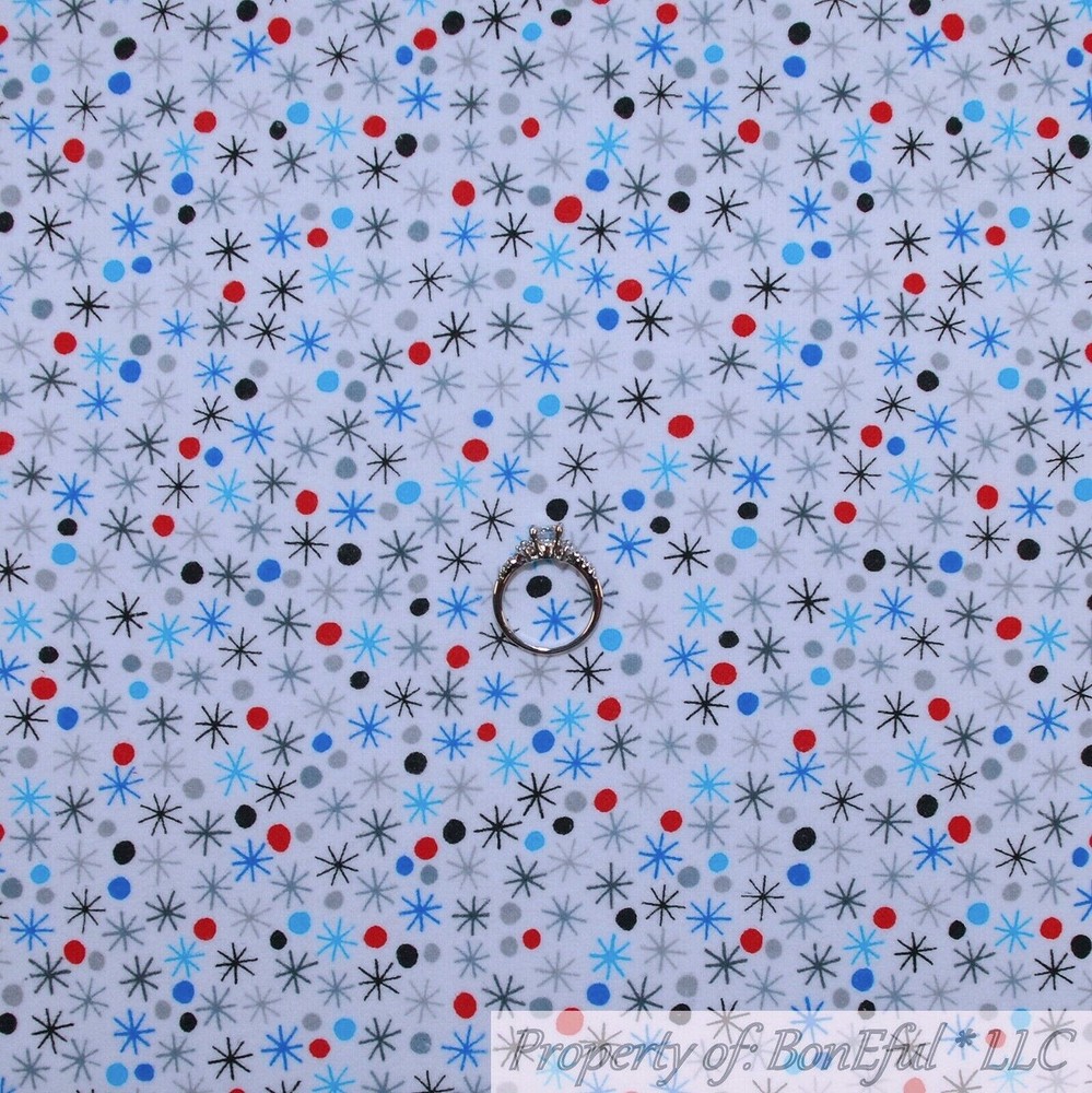 BonEful Fabric FQ Cotton Flannel Quilt White Blue Red Snowflake Winter Polka Dot