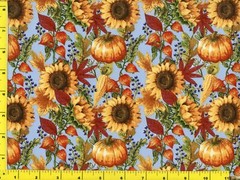 Sunflowers Pumpkins Corn Berries on Blue Quilting Sewing Fabric by Yard #862