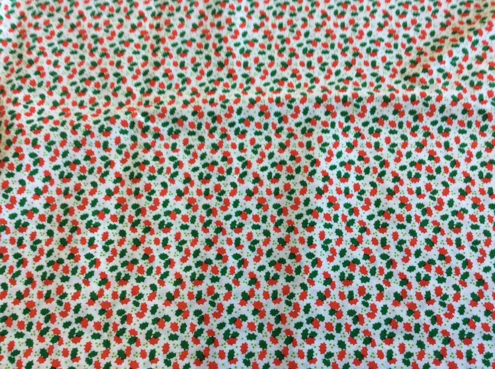 RED & GREEN HOLLY LEAVES ON WHITE COTTON- 7/8 YARD
