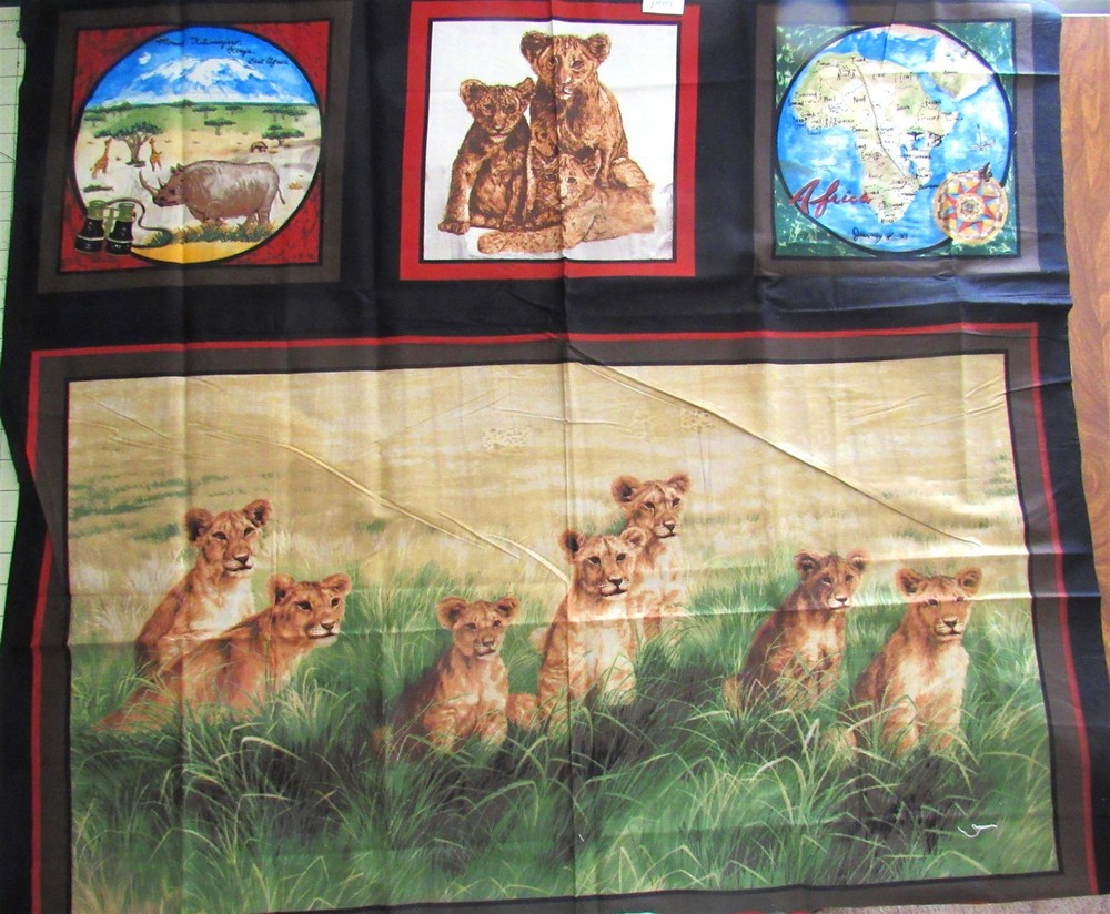 1 panel “My African Journey” Lion Cubs, Map Quilt Top/Wall Hanging 36″ x 44″